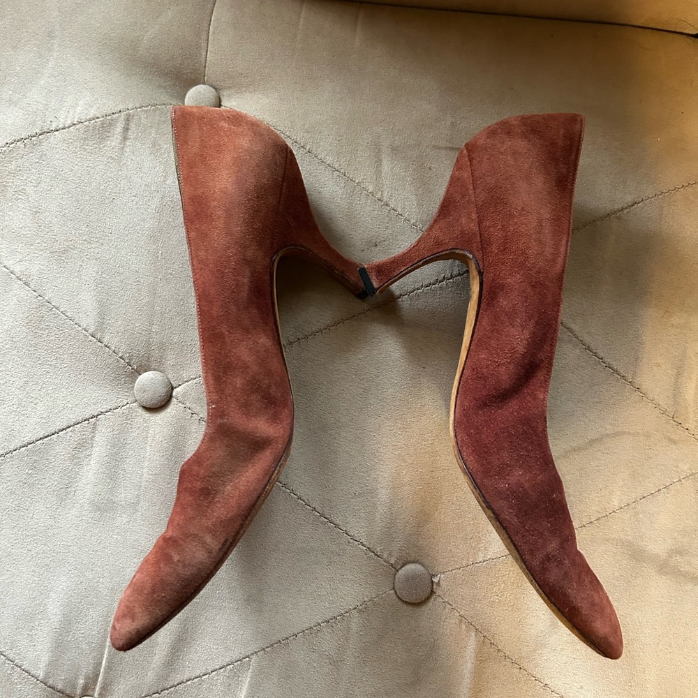 Manolo Blahnik Women’s 39.5 8.5 9 Leather Rust Orange Pump Heels - Picture 2 of 8
